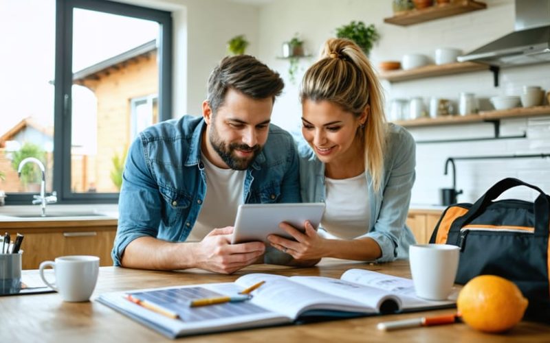 Two homeowners meet with a solar consultant at a sunlit kitchen table, viewing a tablet as rooftop solar panels are visible through the window and papers sit softly blurred in the background.