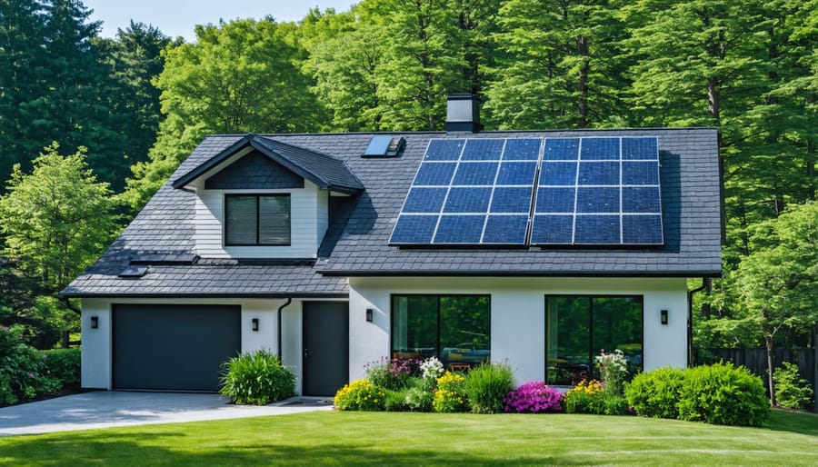 Person using smartphone with solar panels in background