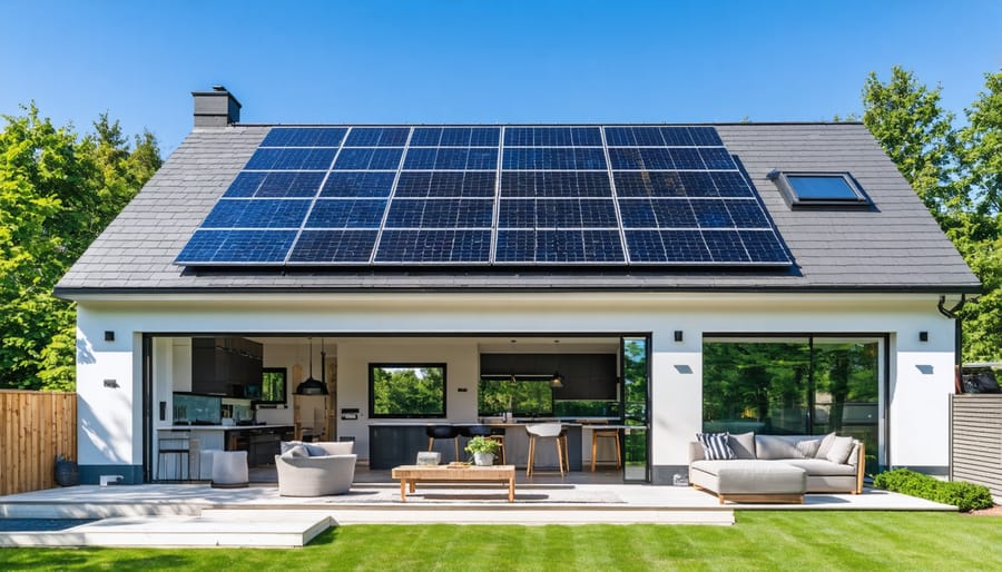 Family standing in front of home with solar panels installed on roof