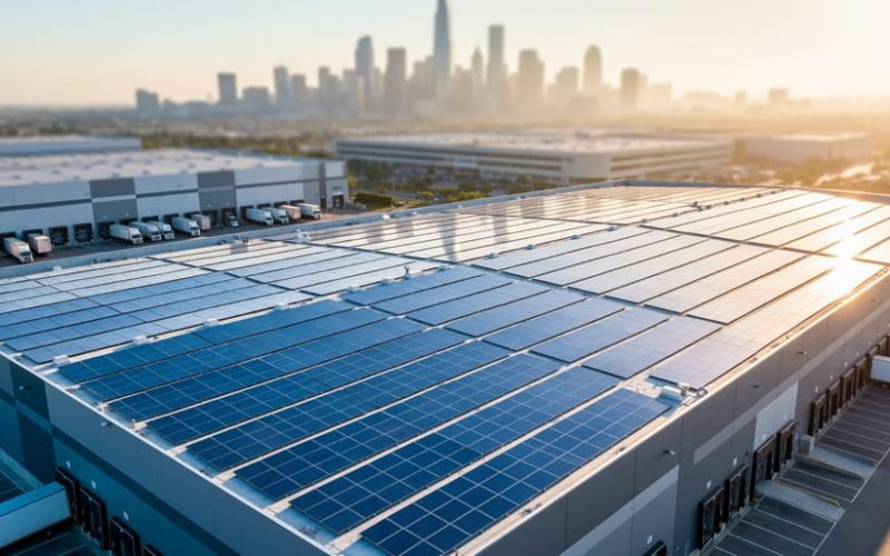 Large array of blue solar panels on a modern warehouse rooftop at golden hour, with a softly blurred city skyline, loading docks, and delivery trucks in the background
