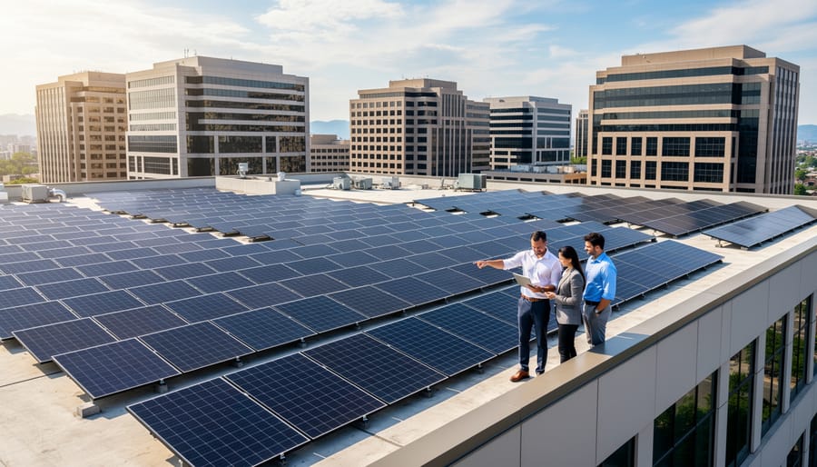 Large commercial solar panel array installed on warehouse rooftop