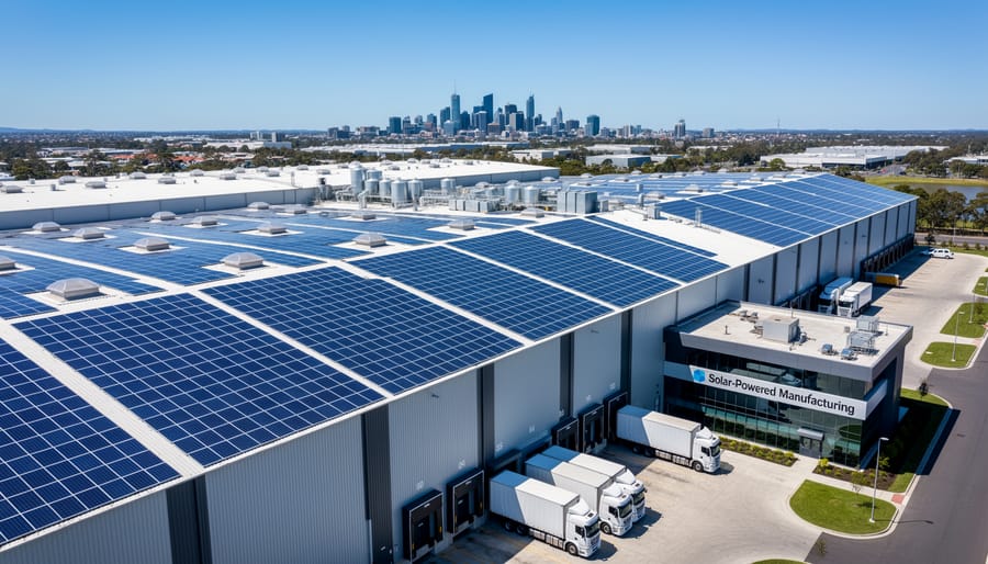 Manufacturing facility with comprehensive rooftop solar panel system at sunset