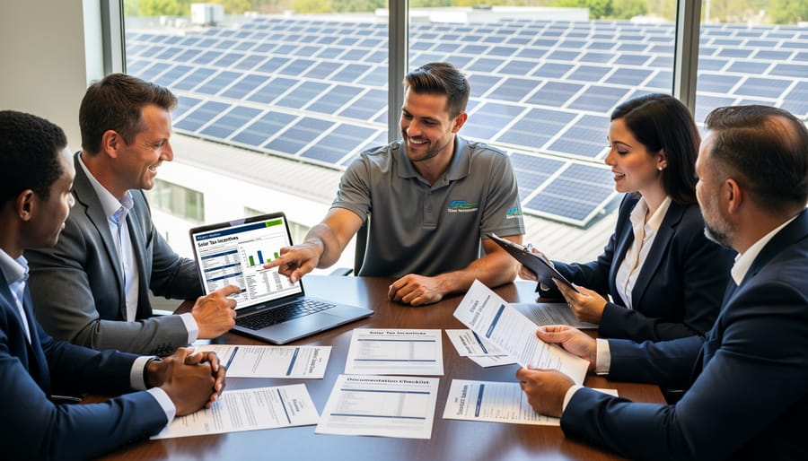Business owner and solar consultant reviewing tax documentation and solar installation plans