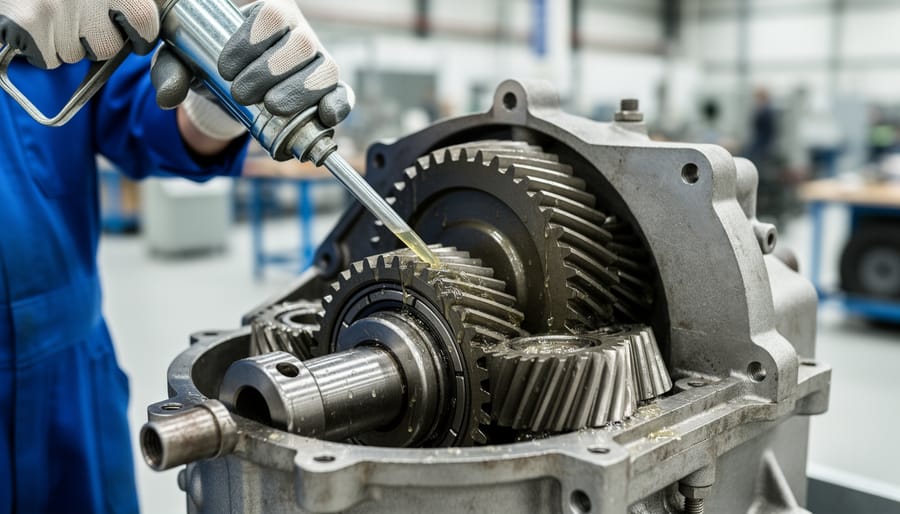 Technician applying lubricant to solar tracker gearbox with grease gun