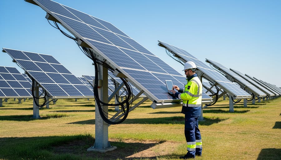 Wide view of commercial solar farm with tracking solar panel arrays
