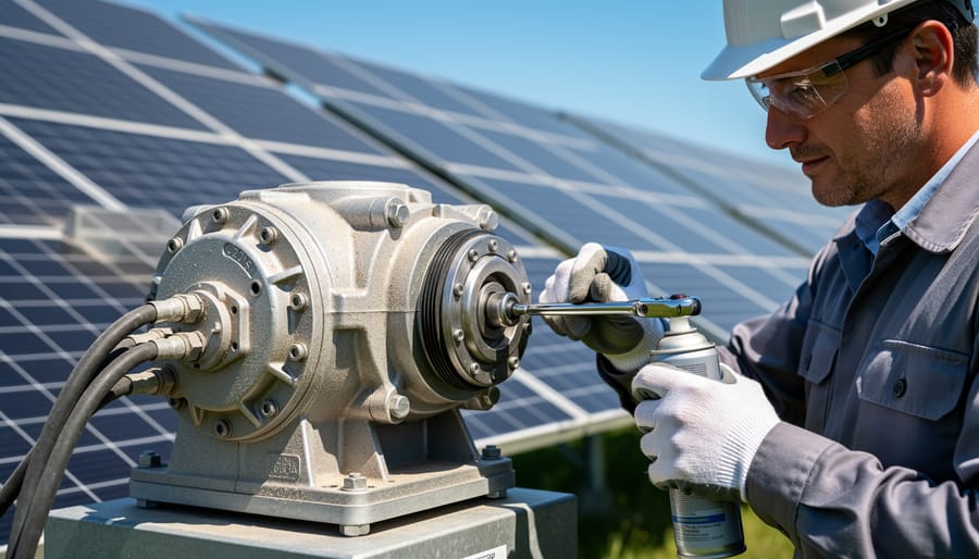 Close-up of solar tracker gearbox mechanism showing metal housing and mounting components