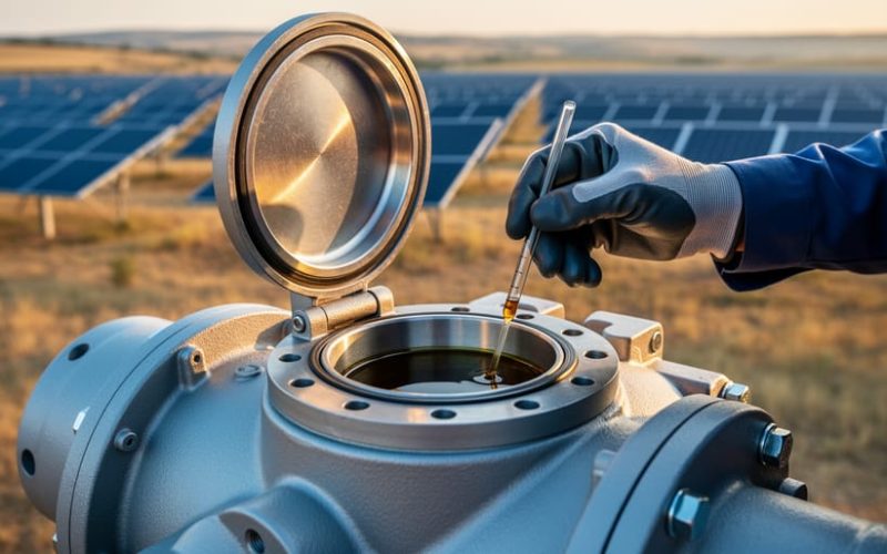Gloved technician inspecting oil level at the open inspection port of a solar tracker gearbox, with rows of solar panels softly blurred in the background at golden hour.