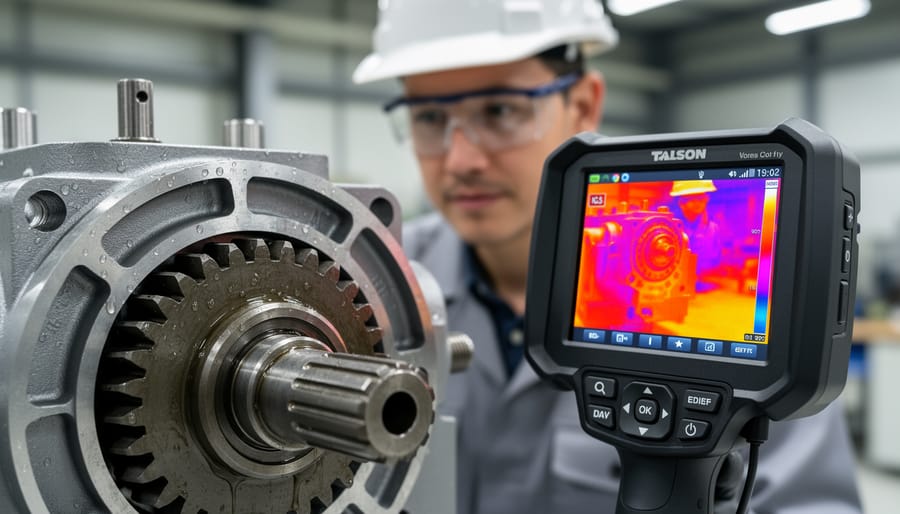 Technician using thermal imaging equipment to inspect solar tracker gearbox