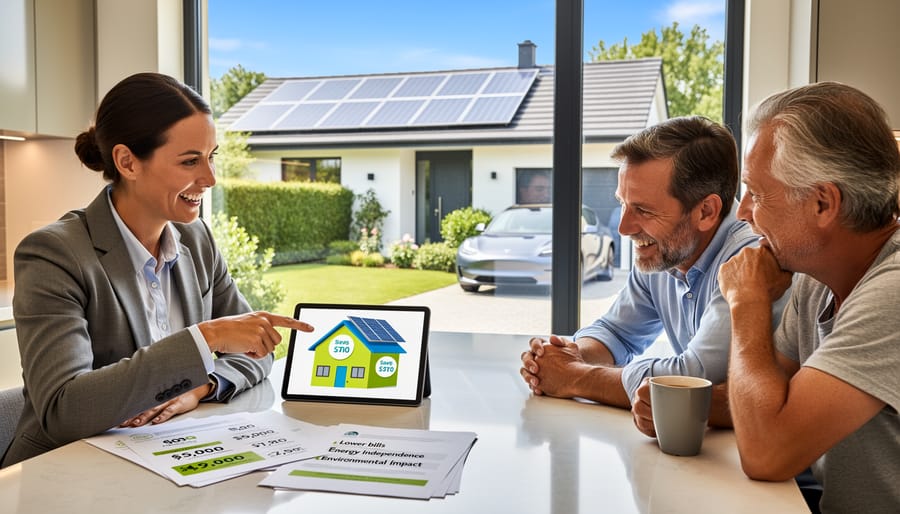 Solar company representative discussing benefits with residential clients at kitchen table