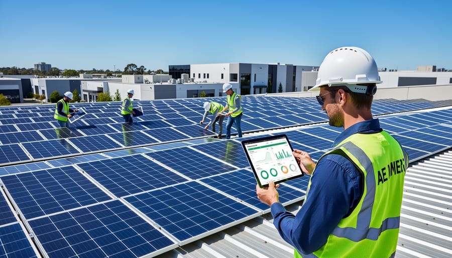 Large-scale commercial solar panel installation on industrial building rooftop