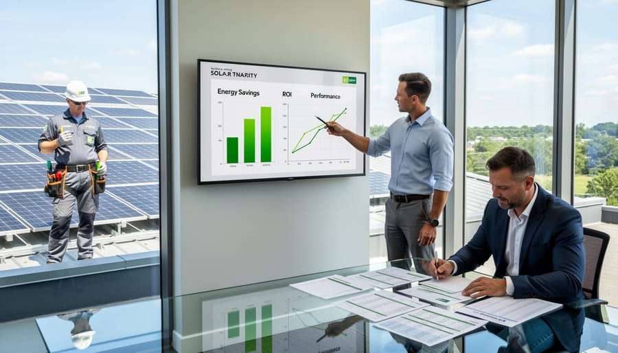Business handshake symbolizing partnership with solar installation team in background