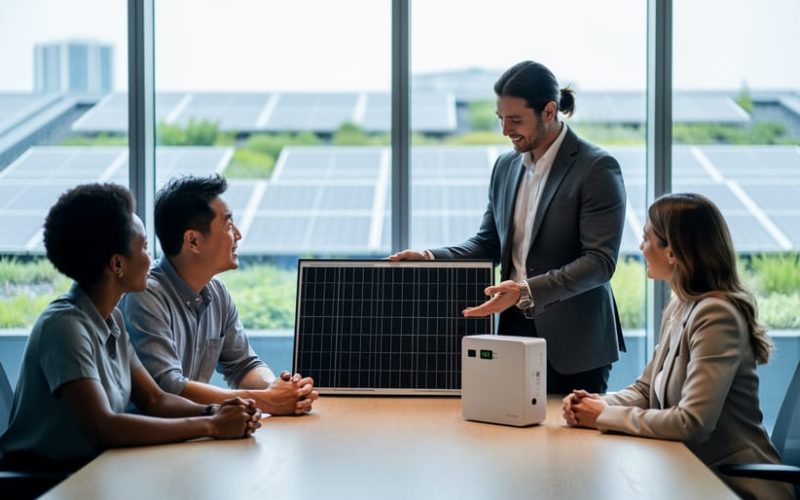 Solar consultant holding a monocrystalline panel sample beside a compact battery on a conference table while three clients listen, with soft daylight and blurred rooftops featuring solar panels visible through the window.