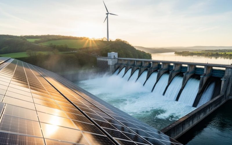 Solar panels on a commercial rooftop, a wind turbine on a ridge, and a hydroelectric dam with flowing water shown together in a modern landscape scene.