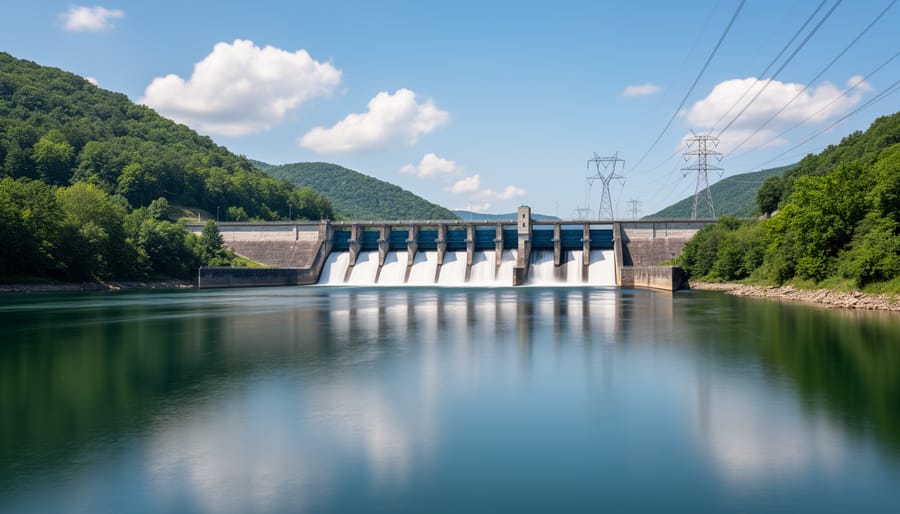 Small hydropower intake structure beside a flowing river with visible turbine equipment.