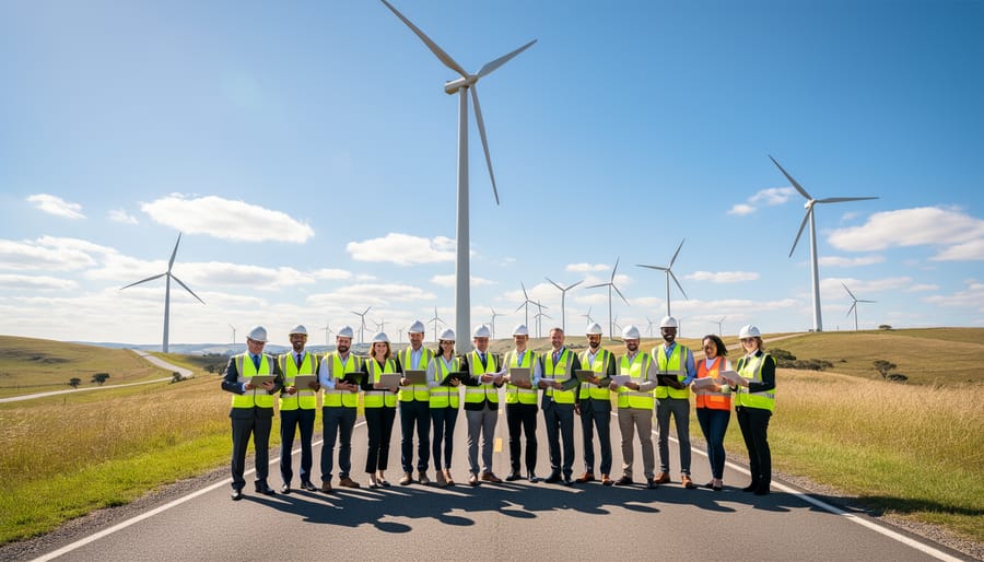 Wind turbine with a business professional in a hi-vis vest holding a tablet in the foreground.