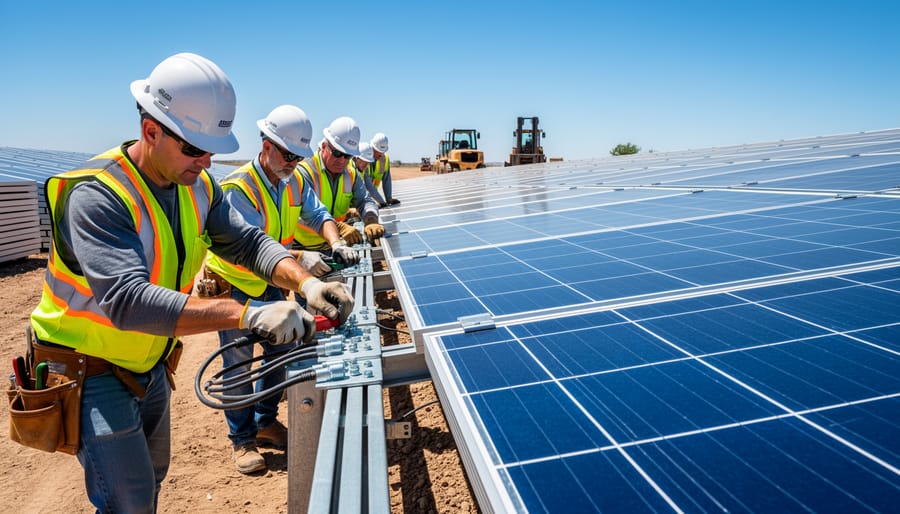 Installer’s gloved hands tightening electrical connections next to a solar inverter near panel mounting hardware.