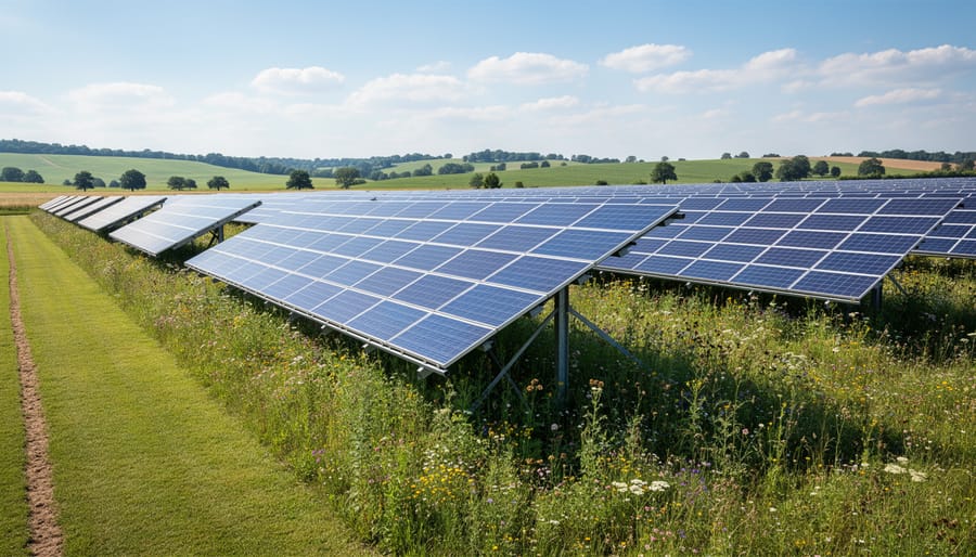 Native plants growing in soil near the base area of a solar installation under golden hour lighting.