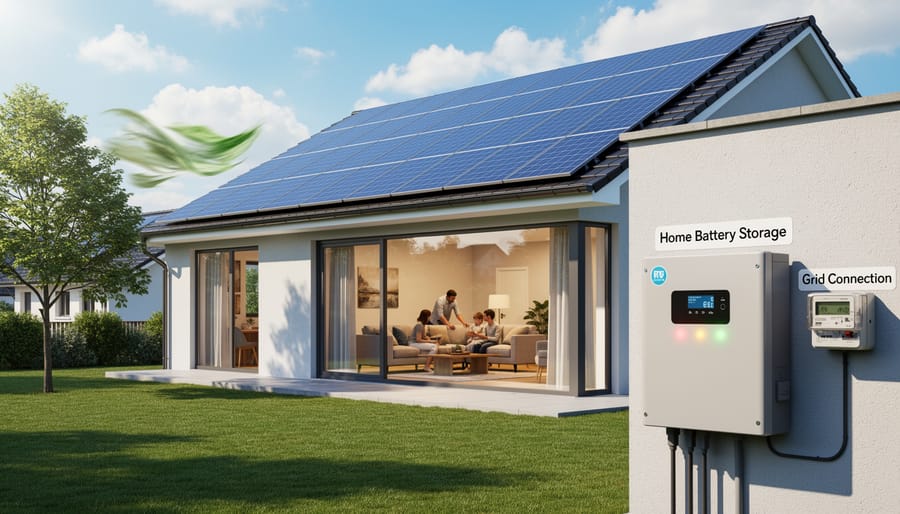 Residential rooftop showing solar panels with nearby battery storage equipment, photographed in soft overcast daylight.