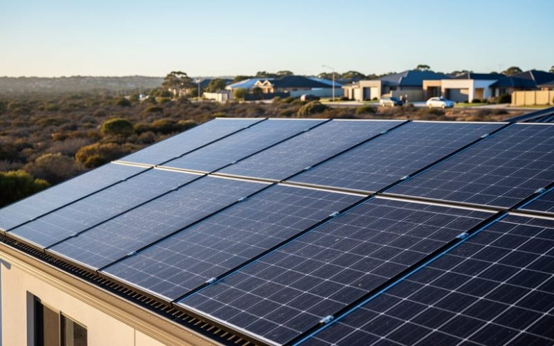 Rooftop solar panels on a South Australian home under bright morning sunlight, with suburban surroundings in the background.