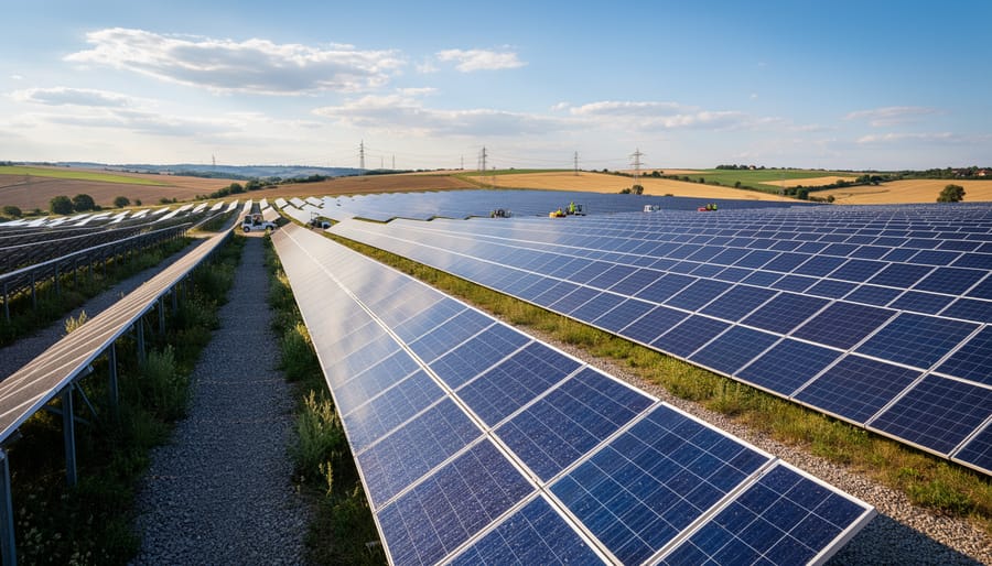 Wide view of a South Australian utility-scale solar farm with rows of photovoltaic panels under clear daylight.