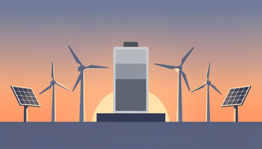 Battery storage equipment silhouette at sunset with residential background