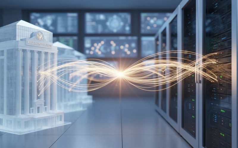 A realistic scene showing glowing network connections linking server racks and regulatory building silhouettes, symbolizing cross-border oversight and responsible online casino player protection.