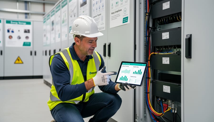 Installer working on solar equipment near a home battery storage unit