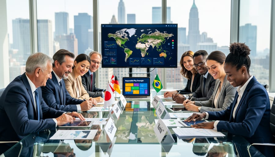 Professionals in business attire collaborating in a softly lit office with a nighttime city skyline in the background