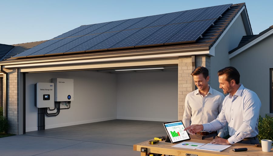 Residential rooftop solar panels with a home battery storage unit next to the array