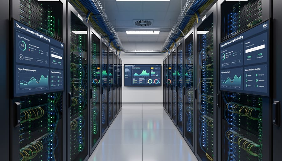 Wide view inside a modern server room with blinking indicator lights and fiber-optic cables