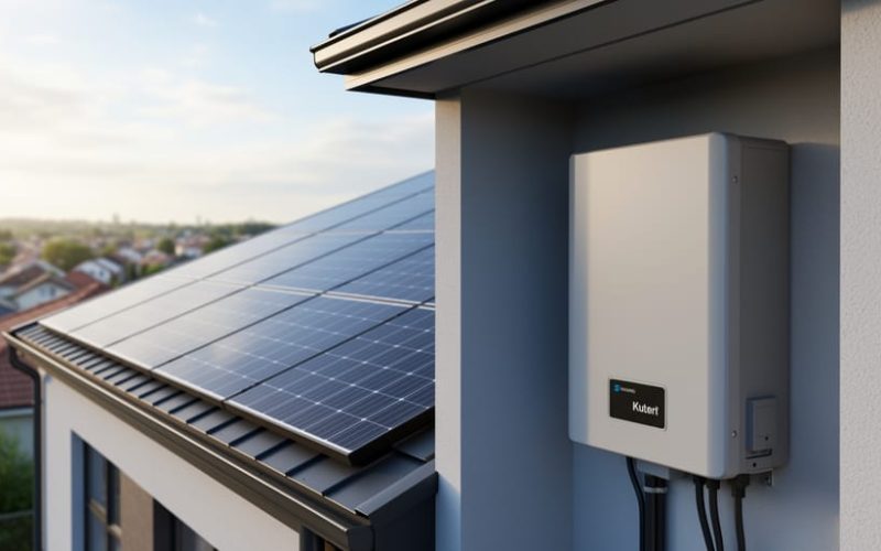 “Solar panels on a residential roof connected to a clean wall-mounted battery bank in a shaded utility area, photographed in soft daylight.”